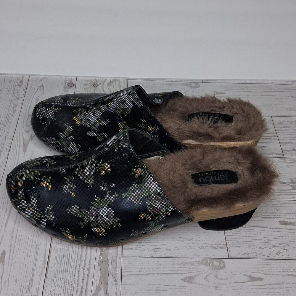 Jambu Black Floral Women's Boho Chic Monaco Mules with Faux Fur Lining Size 8.5